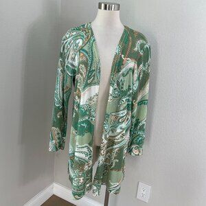 Chicos‎ 2 Womens Large Green Paisley Open Front Cardigan Lightweight Jacket